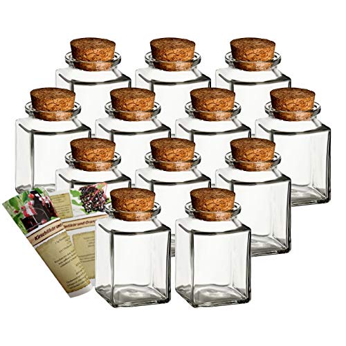 Gouveo - Juego de 12 tarros de especias cuadrados, 120 ml, incluye Folleto de recetas, ideal para regalos, copas de corcho, lata de cristal, vidrio de almacenamiento, corcho, rectangular