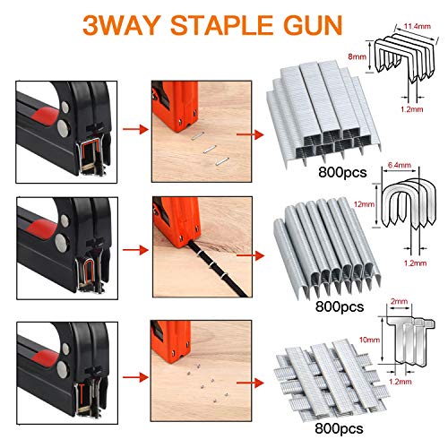 Grapadora Manual 3 en 1,Preciva Pistola de Grapas resistente con 2400 grapas de tipo U,D y T,para tapicería, material de fijación, decoración, carpintería, muebles etc