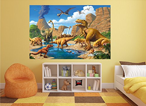 GREAT ART XXL Póster Cuarto De Los Niños – Dinosaurios De Aventura – Arte De Pared Dino Mundial Ilustración Estilo Cómico Jungla Cascada Cartel De La Pared Y Foto (140 X 100 Cm)