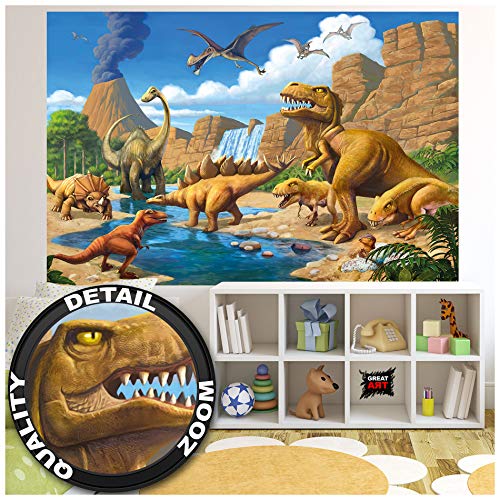 GREAT ART XXL Póster Cuarto De Los Niños – Dinosaurios De Aventura – Arte De Pared Dino Mundial Ilustración Estilo Cómico Jungla Cascada Cartel De La Pared Y Foto (140 X 100 Cm)