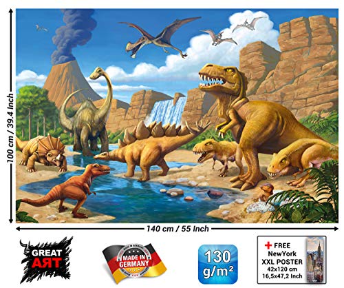 GREAT ART XXL Póster Cuarto De Los Niños – Dinosaurios De Aventura – Arte De Pared Dino Mundial Ilustración Estilo Cómico Jungla Cascada Cartel De La Pared Y Foto (140 X 100 Cm)