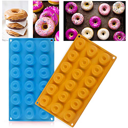 Gresunny 2pcs molde de silicona donuts 18 cavidades mini moldes para rosquillas moldes para donuts horno antiadherente molde donuts sin BPA molde de Hornear para pasteles galletas waffle chocolate