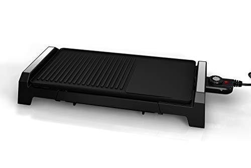 Grunkel - BK-DH51 - Plancha de asar eléctrica con zona grill antiadherente fácil de limpiar con regulador de temperatura - 2200W - Negro