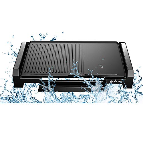 Grunkel - BK-DH51 - Plancha de asar eléctrica con zona grill antiadherente fácil de limpiar con regulador de temperatura - 2200W - Negro