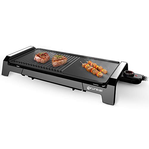 Grunkel - BK-DH51 - Plancha de asar eléctrica con zona grill antiadherente fácil de limpiar con regulador de temperatura - 2200W - Negro