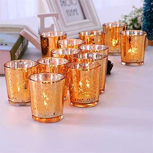 GUIFIER Juego de 12 Candelabros de Velas en Cristal Soporte para Portavelas para Velas LED de té Portavelas de Cristal Dorado 2,67"H Candelita Candelero Oro Vidrio Mercurio para Navidad Fiestas