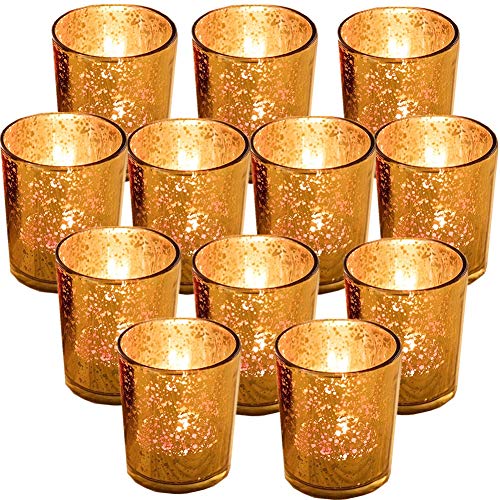 GUIFIER Juego de 12 Candelabros de Velas en Cristal Soporte para Portavelas para Velas LED de té Portavelas de Cristal Dorado 2,67"H Candelita Candelero Oro Vidrio Mercurio para Navidad Fiestas