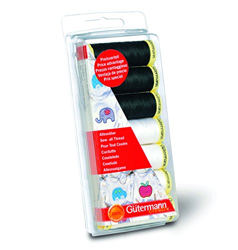 Gutermann Sew-All - Juego de Hilos de Costura (7 bobinas de 100 m, 100% poliéster), Color Negro y Blanco