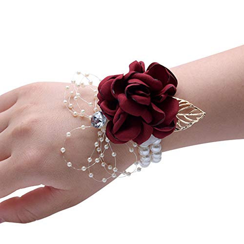 H2okp-009 Boda Ramillete De Muñeca Nupcial Dama De Honor Falso Rosa Perla Pulsera Boutonniere Simple Casual 673 Vino Tinto