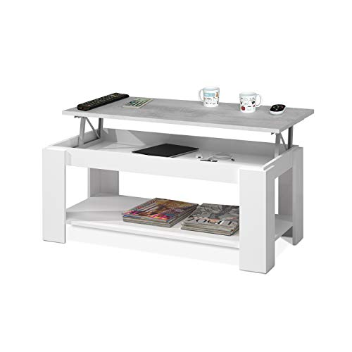 Habitdesign 0L1639A - Mesa Centro Ambit con revistero, Mesa elevable, mesita Mueble Salon Comedor Color Blanco Artik - Gris Cemento, Medidas: 102 cm (Largo) x 43/54 cm (Alto) x 50 cm (Fondo)