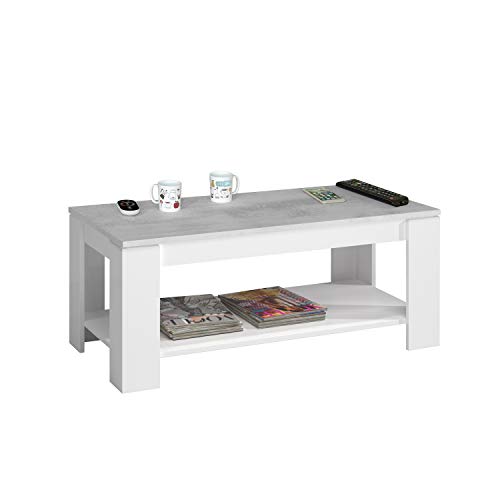 Habitdesign 0L1639A - Mesa Centro Ambit con revistero, Mesa elevable, mesita Mueble Salon Comedor Color Blanco Artik - Gris Cemento, Medidas: 102 cm (Largo) x 43/54 cm (Alto) x 50 cm (Fondo)