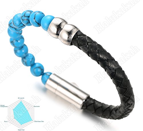 Halukakah ● Saluda La Tierra ● Pulsera Hombre Cuero Genuina con Cuentas Azul Turquesa, Ingenioso Cierre Magnético, 8.46"(21.5cm) con CajaDeRegaloGRATIS