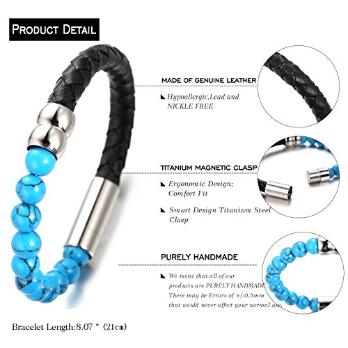 Halukakah ● Saluda La Tierra ● Pulsera Hombre Cuero Genuina con Cuentas Azul Turquesa, Ingenioso Cierre Magnético, 8.46"(21.5cm) con CajaDeRegaloGRATIS