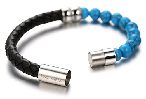 Halukakah ● Saluda La Tierra ● Pulsera Hombre Cuero Genuina con Cuentas Azul Turquesa, Ingenioso Cierre Magnético, 8.46"(21.5cm) con CajaDeRegaloGRATIS