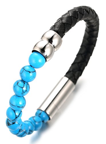 Halukakah ● Saluda La Tierra ● Pulsera Hombre Cuero Genuina con Cuentas Azul Turquesa, Ingenioso Cierre Magnético, 8.46"(21.5cm) con CajaDeRegaloGRATIS