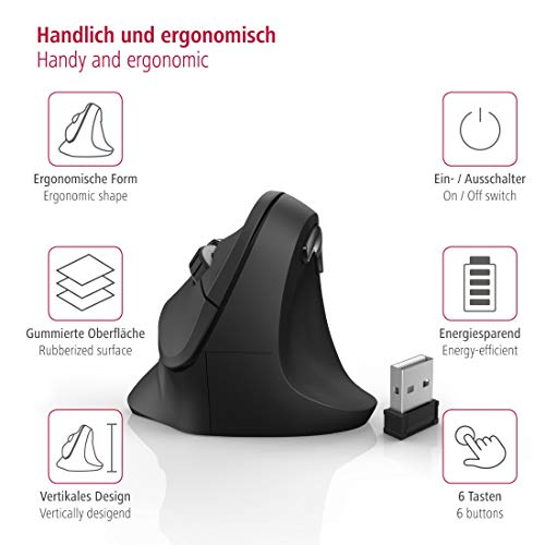 Hama Ratón ergonómico (ratón vertical inalámbrico para diestros, 3 niveles de velocidad hasta 1800 ppp, contra el codo del tenista, síndrome de RSI, mouse inalámbrico) negro