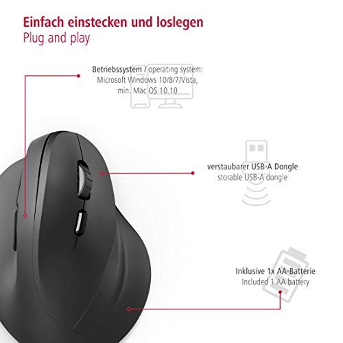 Hama Ratón ergonómico (ratón vertical inalámbrico para diestros, 3 niveles de velocidad hasta 1800 ppp, contra el codo del tenista, síndrome de RSI, mouse inalámbrico) negro