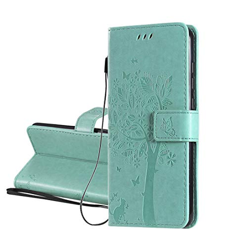 HAOYE Funda para LG K61 Billetera, Diseño de Patrón de Hojas en Relieve Bastante Retro Funda de Cuero, Ultrafino Estuche Protectora para LG K61, Verde