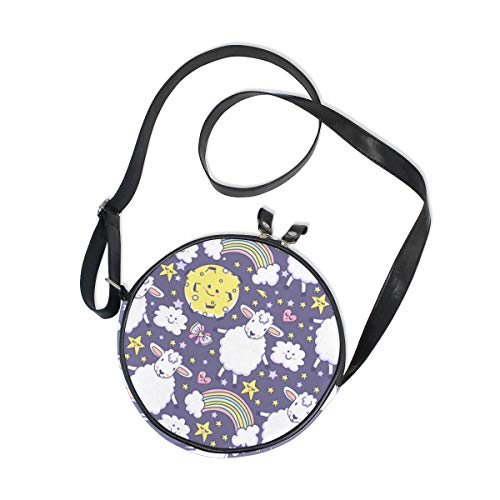 HATESAH El patrón más Lindo con Arco Iris Cordero Luna Estrellas Arcos Corazones y Nubes，Bolso Redondo, Bandolera, Mujer, Lona, Bolso de Mensajero Casual