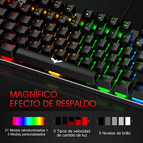 havit Teclado mecánicos Gaming español con Cable, Teclados Gaming con Interruptor Rojo de 90 Teclas, Ratón Gaming programables, Alfombrilla Gaming,para y PC/Netbook/Gamer