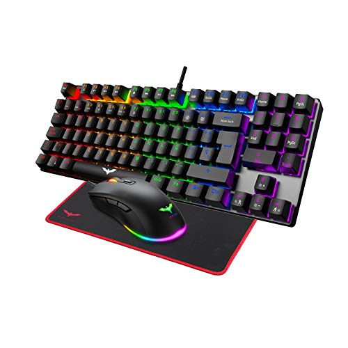 havit Teclado mecánicos Gaming español con Cable, Teclados Gaming con Interruptor Rojo de 90 Teclas, Ratón Gaming programables, Alfombrilla Gaming,para y PC/Netbook/Gamer