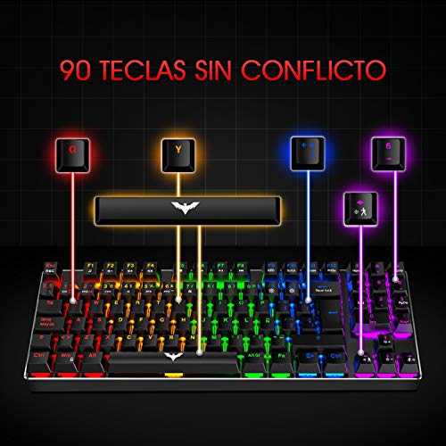 havit Teclado mecánicos Gaming español con Cable, Teclados Gaming con Interruptor Rojo de 90 Teclas, Ratón Gaming programables, Alfombrilla Gaming,para y PC/Netbook/Gamer