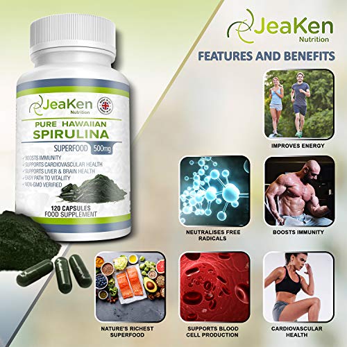 HAWAIIAN SPIRULINA CAPSULAS - Alga Espirulina Comprimidos - Muy Rico Complemento Alimenticio -Fuente de Vitaminas y Minerales Para Batidos, Nutrición Deportiva, Energía-120 Espirulina Pura Cápsulas