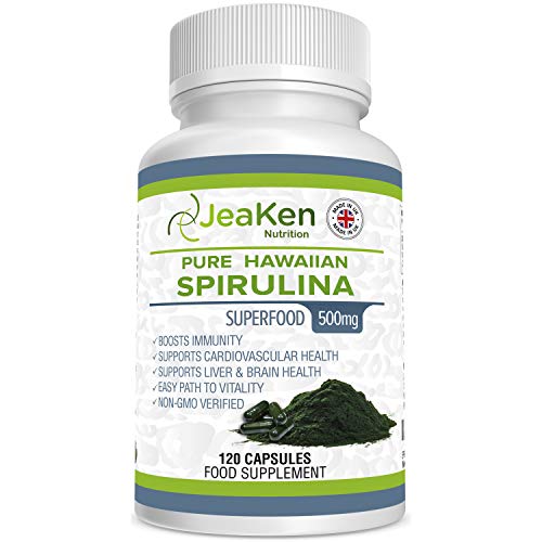 HAWAIIAN SPIRULINA CAPSULAS - Alga Espirulina Comprimidos - Muy Rico Complemento Alimenticio -Fuente de Vitaminas y Minerales Para Batidos, Nutrición Deportiva, Energía-120 Espirulina Pura Cápsulas