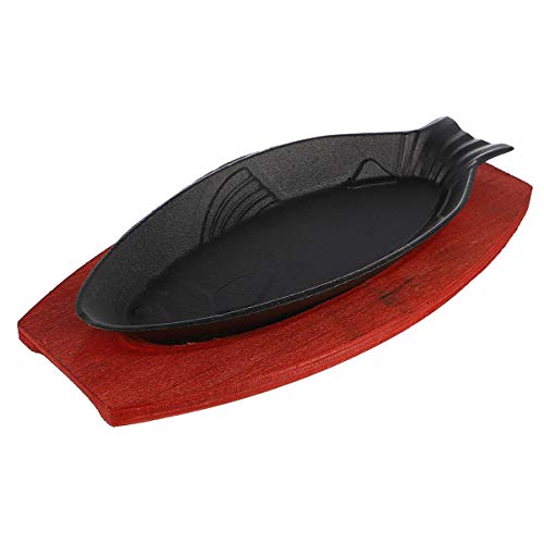 Hemoton Plancha de Hierro Fundido Pre Sazonada con Forma de Pescado Sartén para Fajitas Plato de Servidor Plato de Carne Chisporroteante con Base de Madera