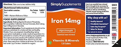 Hierro 14mg - ¡Bote para 4 meses! - Apto para veganos - 120 Comprimidos - SimplySupplements