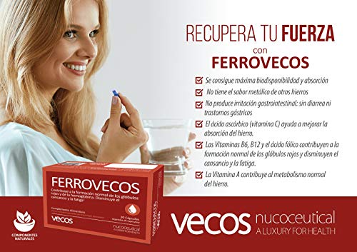 Hierro con ácido fólico y tecnología liposomial de alta biodisponibilidad para proteger de la irritación intestinal – Vitaminas A, B6, B12 y C para una mayor absorción –Aptas para Veganos– 30 cápsulas