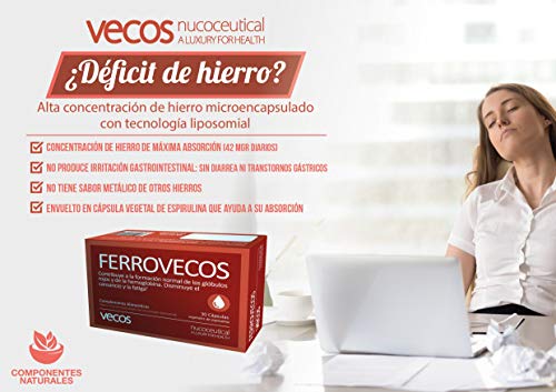 Hierro con ácido fólico y tecnología liposomial de alta biodisponibilidad para proteger de la irritación intestinal – Vitaminas A, B6, B12 y C para una mayor absorción –Aptas para Veganos– 30 cápsulas