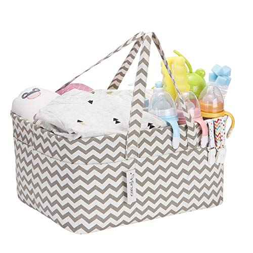 Hinwo - Cesta para pañales de bebé, 3 compartimentos, organizador portátil para el coche, cesta de regalo para recién nacidos, con divisor desmontable y 10 bolsillos invisibles pañales y toallitas