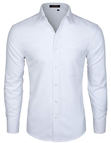 HISDERN Camisa de Vestir Formal para Hombre Camisa de Manga Larga de Algodon Blanca con Botones Regulares para Hombres