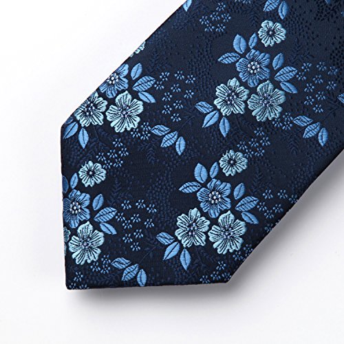 HISDERN Extra largo Floral Paisley lazo del panuelo Hombres Corbata & Plaza de bolsillo Conjunto azul