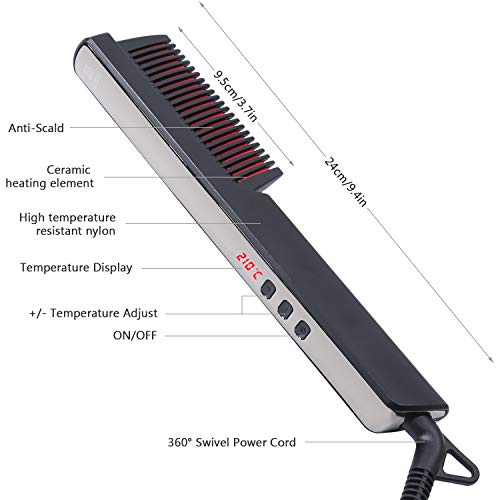 Hiveseen Peine Alisador Barba, Cepillo Alisador de Pelo Ionico 2 in 1, Pantalla LED, PTC Cerámica Calefacción en 30s, Anti-quemaduras, 6 Temperaturas Regulable, Apagar Automáticamente para Hombres