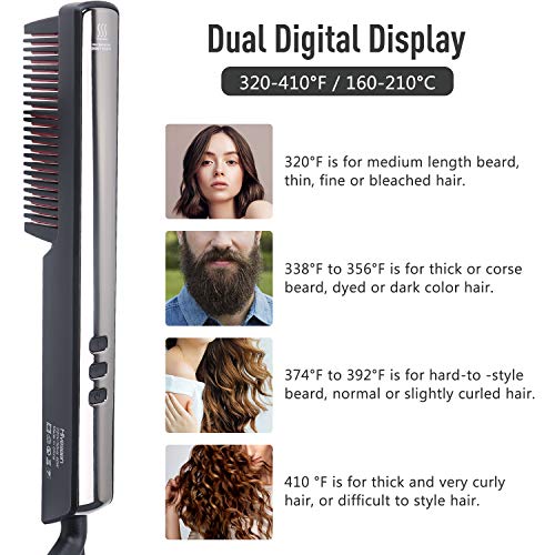 Hiveseen Peine Alisador Barba, Cepillo Alisador de Pelo Ionico 2 in 1, Pantalla LED, PTC Cerámica Calefacción en 30s, Anti-quemaduras, 6 Temperaturas Regulable, Apagar Automáticamente para Hombres