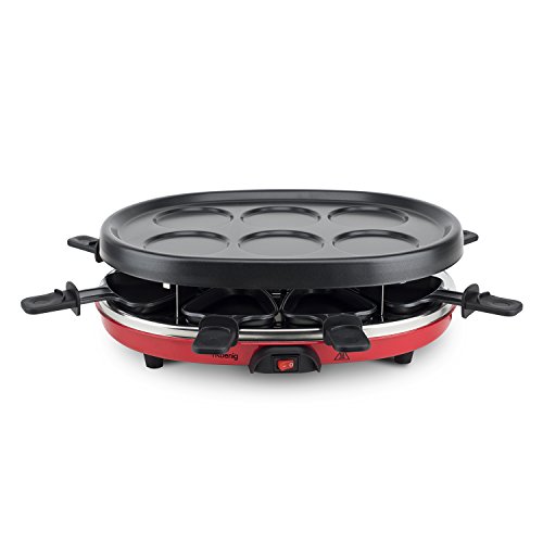 H.Koenig Raclette 8 Personas 4 en 1, Plancha con Piedra Natural, Grill, Crepera, 900 W, Rojo, Negro RP412, Acero Inoxidable