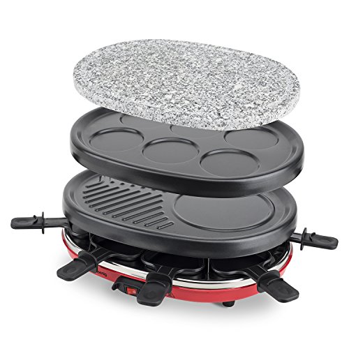 H.Koenig Raclette 8 Personas 4 en 1, Plancha con Piedra Natural, Grill, Crepera, 900 W, Rojo, Negro RP412, Acero Inoxidable