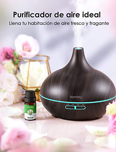 Homasy 500ml Difusor de Aromaterapia con 6 Botellas de Aceite Esencial 100% Puro, Difusor de Aroma Silencioso y Silencioso, 7 Luces LED de Color, sin BPA para el Hogar y la Oficina, Marrón