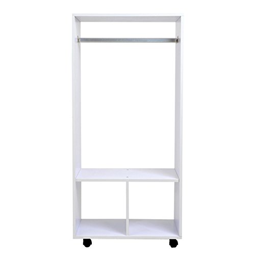 HOMCOM Armario Ropero Madera Móvil Armario Abierto Guardarropa con Riel Estantes Organizador para Colgar Ropa de Dormitorio 60x40x128cm Blanco