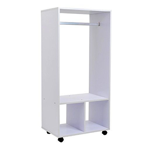 HOMCOM Armario Ropero Madera Móvil Armario Abierto Guardarropa con Riel Estantes Organizador para Colgar Ropa de Dormitorio 60x40x128cm Blanco