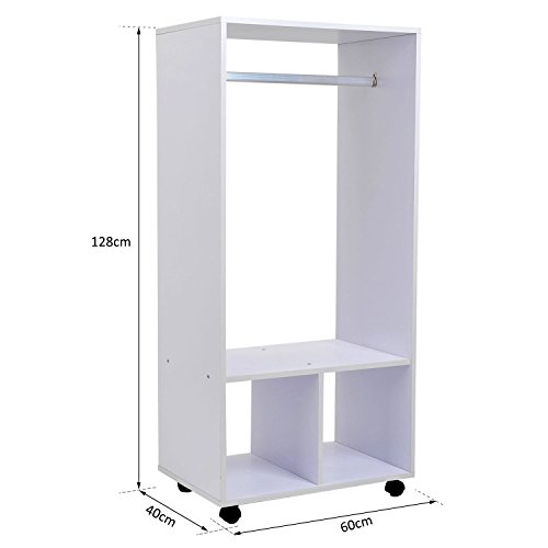 HOMCOM Armario Ropero Madera Móvil Armario Abierto Guardarropa con Riel Estantes Organizador para Colgar Ropa de Dormitorio 60x40x128cm Blanco