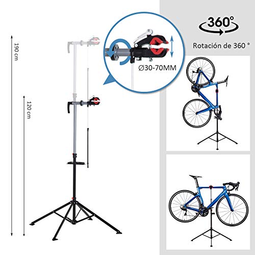 HOMCOM Bicicletas Soporte de Pie 100 a 190cm Reparacion Bicicletas con Bandeja Herramientas Bici