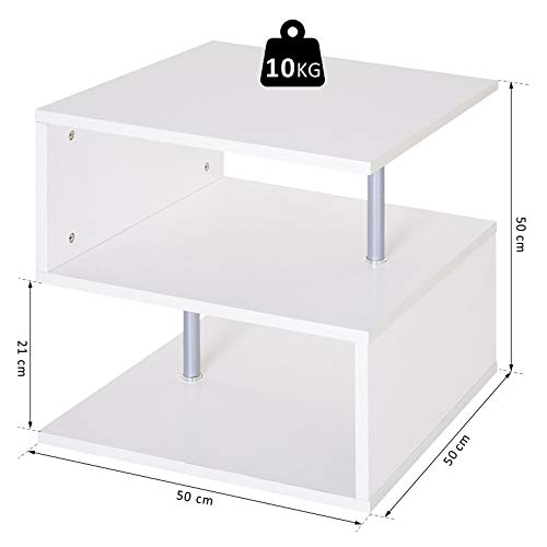 HOMCOM Mesa de Centro Café Mesa Auxiliar de Salón de Forma S con Compartimento Abierto 2 Niveles Diseño Elegante 50x50x50 cm Blanco