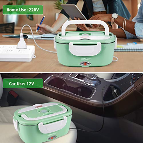 homeasy Fiambrera Eléctrica 2 en 1, Calentadores Eléctricos Portátiles para Coche y Trabajo 220V & 12V, 1.5L Termo para Comida de Acero Inoxidable, Pefecto para el Hogar y Oficina(Verde Pastel)