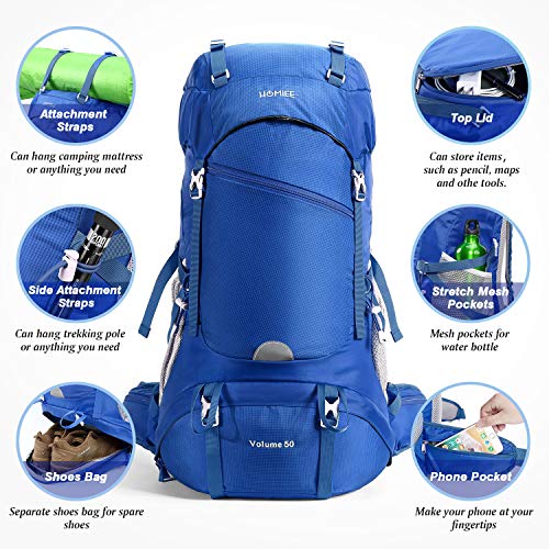 HOMIEE Mochila de Senderismo de 50 litros, Macutos de Senderismo Impermeable Multifuncional, Unisex, Mochilas de Marcha Adecuada para Senderismo, Camping, Viaje, Deportes al Aire Libre, etc (Azúl)