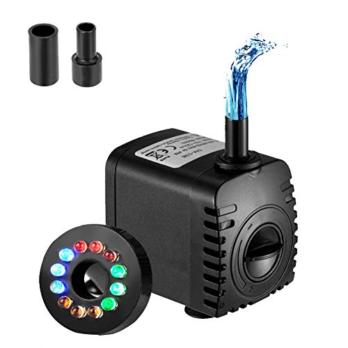 Homvik Bomba de Agua con LED Luces Bomba Sumergible para Acuario Estanque Pecera Fuente Circulación de Agua Dulce y Marino con 2 Boquillas 8W 600L/H 1.2m de Altura