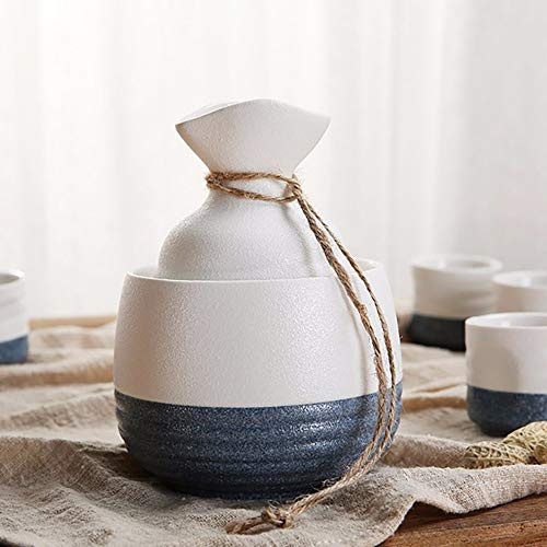 HongTeng Sake japonés Juego de Tazas, de cerámica, Esmalte del Copo de Nieve de Rosca, Chino Vino cálido Petaca, 9 Piezas Set (Blanco Azul) (Color : A)