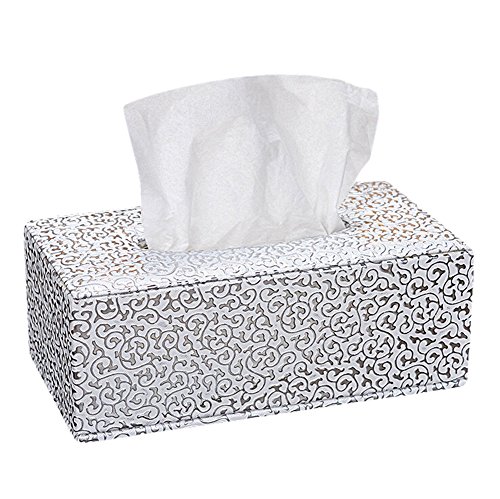 Hosaire 1X Caja de pañuelos faciales,Caja de Rectángulo Cuero Cuadrada Caja de Papel servilleta con decoración casera para hoteles,Accesorio de baño Size 25.5 * 14 * 9.5cm (Plata)